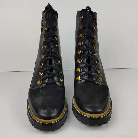 Tory Burch Miller 95mm Lug Sole Lace Up Bootie Black Hiking Boot Size 9.5 - Picture 4 of 14